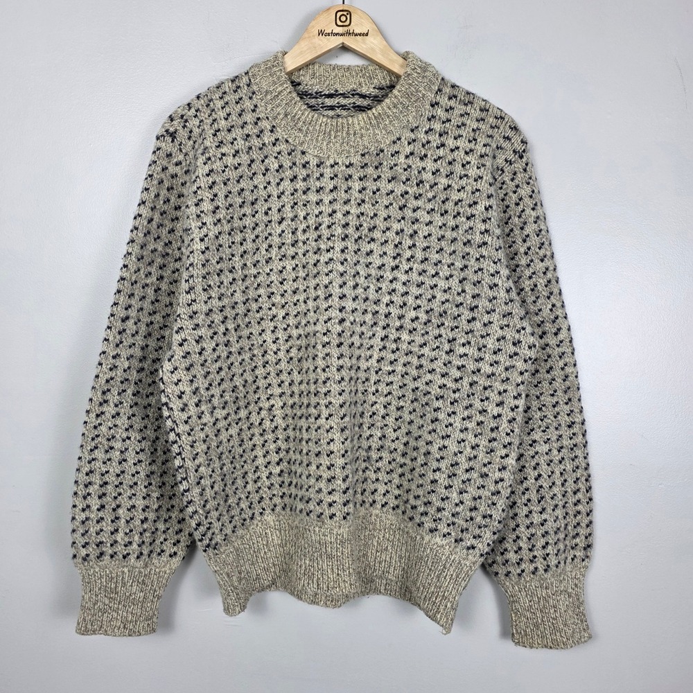 Handmade Wool Birds Eye Crewneck Sweater Mens Large Oatmeal Navy Blue Knit